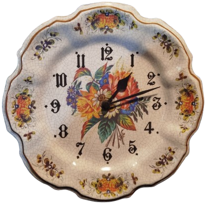 ALMAN MALI MELAMİN QUARTZ PİLLİ GÖBEK VE KENARLAR EL CİZİM CİCEK DESENLİ MUTFAK SAATİ 1960 LI YLLAR