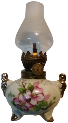 BAS UCU GAZ LAMBASI UFAK BOY UC AYAKLI PORSELEN UZERİ CİCEKLİ ALEV ISIK AYARLI