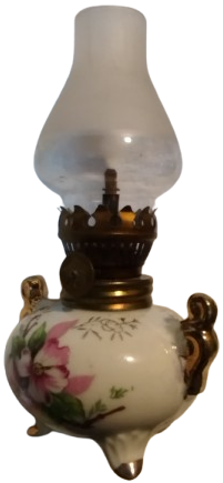 BAS UCU GAZ LAMBASI UFAK BOY UC AYAKLI PORSELEN UZERİ CİCEKLİ ALEV ISIK AYARLI