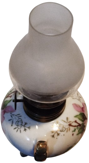 BAS UCU GAZ LAMBASI UFAK BOY UC AYAKLI PORSELEN UZERİ CİCEKLİ ALEV ISIK AYARLI