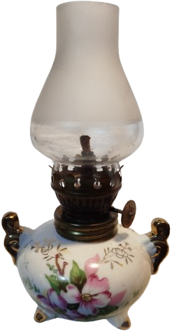 BAS UCU GAZ LAMBASI UFAK BOY UC AYAKLI PORSELEN UZERİ CİCEKLİ ALEV ISIK AYARLI