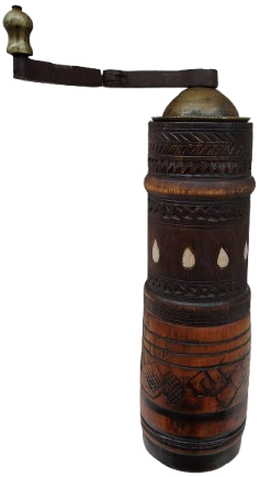 OSMANLI TEKKE İSİ KUCAK KAHVE DEGİRMENİ AHŞAP UZERİ NAKISLI AHSAP KASA GOVDE İCDE SICAK DOGME MEKANİK CARKLI DEGİRMEN