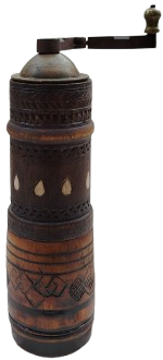 OSMANLI TEKKE İSİ KUCAK KAHVE DEGİRMENİ AHŞAP UZERİ NAKISLI AHSAP KASA GOVDE İCDE SICAK DOGME MEKANİK CARKLI DEGİRMEN