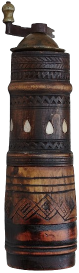 OSMANLI TEKKE İSİ KUCAK KAHVE DEGİRMENİ AHŞAP UZERİ NAKISLI AHSAP KASA GOVDE İCDE SICAK DOGME MEKANİK CARKLI DEGİRMEN