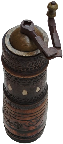 OSMANLI TEKKE İSİ KUCAK KAHVE DEGİRMENİ AHŞAP UZERİ NAKISLI AHSAP KASA GOVDE İCDE SICAK DOGME MEKANİK CARKLI DEGİRMEN