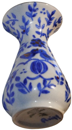 MAVİ BEYAZ KUSLU MASA UZERİ VAZO HACER SANATCI İMZALI