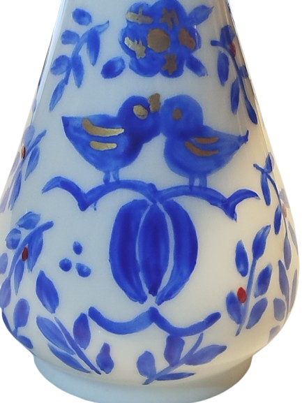 MAVİ BEYAZ KUSLU MASA UZERİ VAZO HACER SANATCI İMZALI