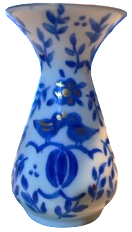 MAVİ BEYAZ KUSLU MASA UZERİ VAZO HACER SANATCI İMZALI