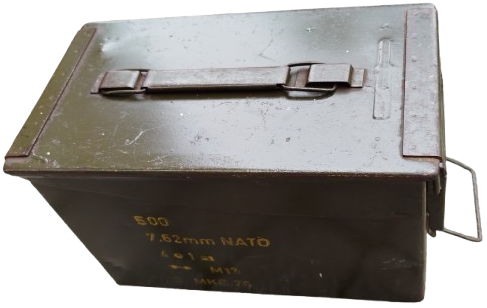 NATO CELİK MUHİMMAT MERMİ CEPHANE SANDIGI KİLİTLİ MANDALLI TASIMA KULPLU HAİKİ ASKERİ RENKDE