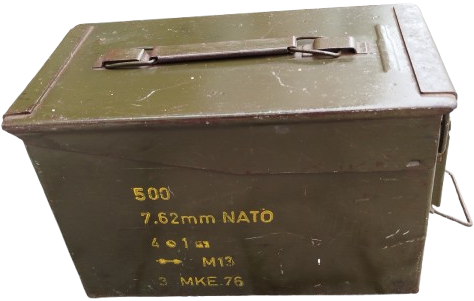 NATO CELİK MUHİMMAT MERMİ CEPHANE SANDIGI KİLİTLİ MANDALLI TASIMA KULPLU HAİKİ ASKERİ RENKDE