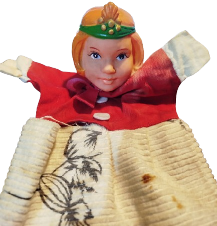 1970 GERMANY PARMAK KUKLA  ELBİSELİ BASINDA TACI OLAN PRENS VE YUZ KISMI KAUCUK OYUNCAK PRENS