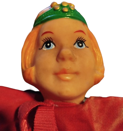 1970 GERMANY PARMAK KUKLA  ELBİSELİ BASINDA TACI OLAN PRENS VE YUZ KISMI KAUCUK OYUNCAK PRENS