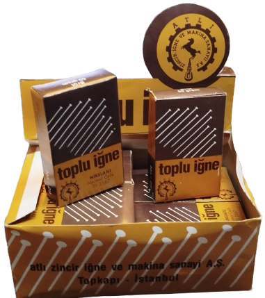 1970 ATLI ZİNCİR İGNE VE MAKİNE SANAYİİ A.S 12 PAKET KUTUSUNDA KULLANILMAMIS NIKELAJLI TOPLU İGNE KUTUSU