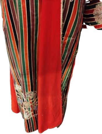 OSMANLI ÜÇ ETEK GELİN KINA KADIN ELBİSESİ OSMANLI RENKLER AGIRLIKLI EL TEZGAH KUTLU KUMASI COK RENKLİ DOKUMA KUMAŞDAN