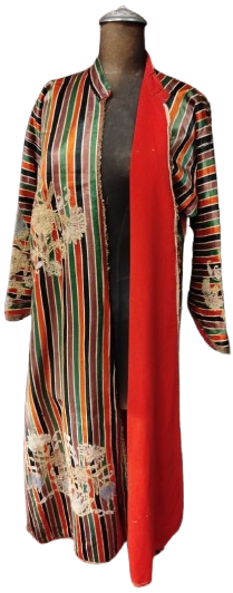 OSMANLI ÜÇ ETEK GELİN KINA KADIN ELBİSESİ OSMANLI RENKLER AGIRLIKLI EL TEZGAH KUTLU KUMASI COK RENKLİ DOKUMA KUMAŞDAN