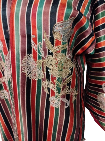 OSMANLI ÜÇ ETEK GELİN KINA KADIN ELBİSESİ OSMANLI RENKLER AGIRLIKLI EL TEZGAH KUTLU KUMASI COK RENKLİ DOKUMA KUMAŞDAN