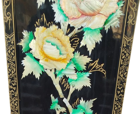 1970 JAPON EL SANATI SEDEF CİCEKLER LAKE BORDO SIYAH AHSAP PANO UZERİNDE