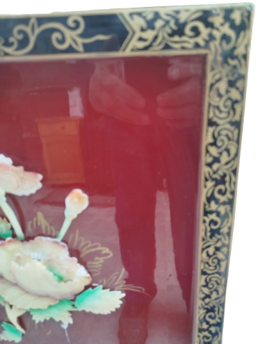 1970 JAPON EL SANATI SEDEF CİCEKLER LAKE BORDO SIYAH AHSAP PANO UZERİNDE