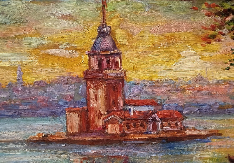 2008 RAFET ÖZTAN İMZALI KARTON UZERİ YAGLI BOYA KIZ İSTANBUL BOGAZI VE KULESİ