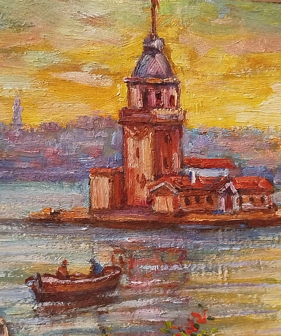 2008 RAFET ÖZTAN İMZALI KARTON UZERİ YAGLI BOYA KIZ İSTANBUL BOGAZI VE KULESİ