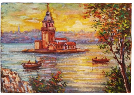 2008 RAFET ÖZTAN İMZALI KARTON UZERİ YAGLI BOYA KIZ İSTANBUL BOGAZI VE KULESİ