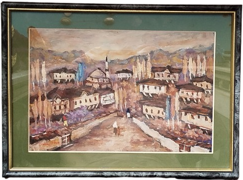 2006 RAFET ÖZTAN İMZALI KARTON UZERİ YAGLI BOYA BURSADA BİR KOY HAYATI ORJINAL  CERCEVESİNDE