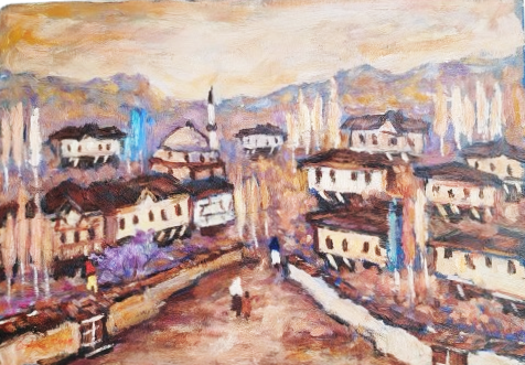 2006 RAFET ÖZTAN İMZALI KARTON UZERİ YAGLI BOYA BURSADA BİR KOY HAYATI ORJINAL  CERCEVESİNDE