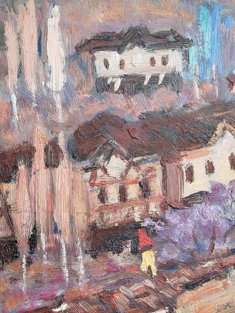 2006 RAFET ÖZTAN İMZALI KARTON UZERİ YAGLI BOYA BURSADA BİR KOY HAYATI ORJINAL  CERCEVESİNDE