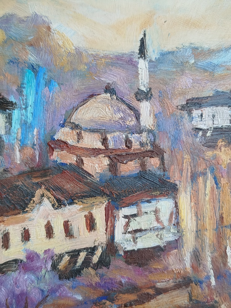 2006 RAFET ÖZTAN İMZALI KARTON UZERİ YAGLI BOYA BURSADA BİR KOY HAYATI ORJINAL  CERCEVESİNDE