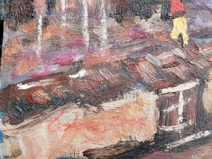 2006 RAFET ÖZTAN İMZALI KARTON UZERİ YAGLI BOYA BURSADA BİR KOY HAYATI ORJINAL  CERCEVESİNDE