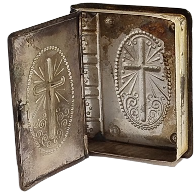 1910 PAPAZ TESBİH SAKLAMA KUTUSU KAPAKLI KİTAP FORMUNDA CİFT TARAINDA HAC GUMUS KAPLAMA
