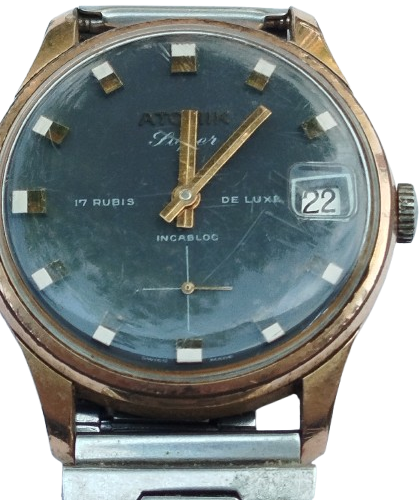 ATOMİK 17 RUBIS DELUXE INCABLOC TAKVİMLİ KURMALI KOL SAATİ METAL KORDON DAKİK CALISMAKTA