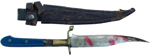 BURSA KAMA  DERİ DİKİŞLİ KINLI UFAK BOY CELİK BALCAK KISMI PİRİNC EL KISMI MAVİ DOKME SEDEF