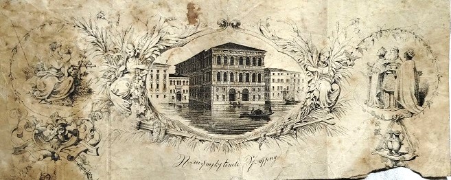 1860 VENEDİK GORSELLİ GRAVUR BASKI UST DUZEY VAFTİZ DAVETİYE Sİ SİYAH BEYAZ  BASKI 