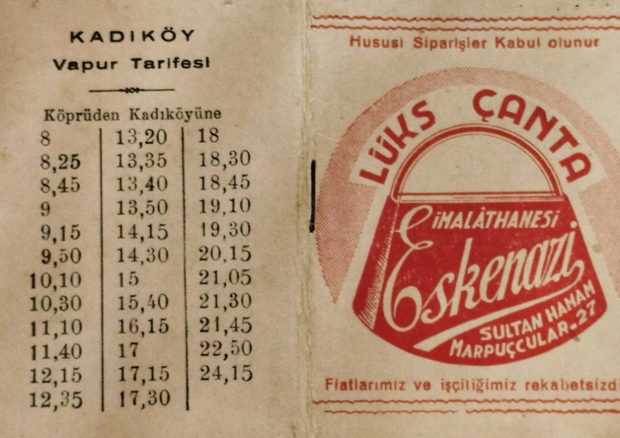 1950 CANTA AYAKKABI İMALTCI REKLAM LI KOPRUDEN KADIKOY VAPUR TARİFESİ OLAN CEP NOT DEFTERİ