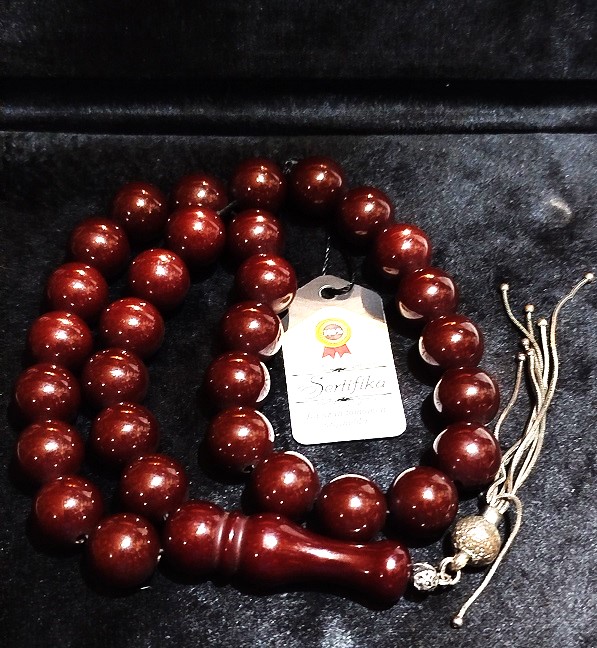 SIKMA AMBER KAHRİBAR TEHBİH  USTA İŞİ SERTİFİKALI KOYU BAL RENKDE İRİ HABBE BONCUK KESİM 13 MM