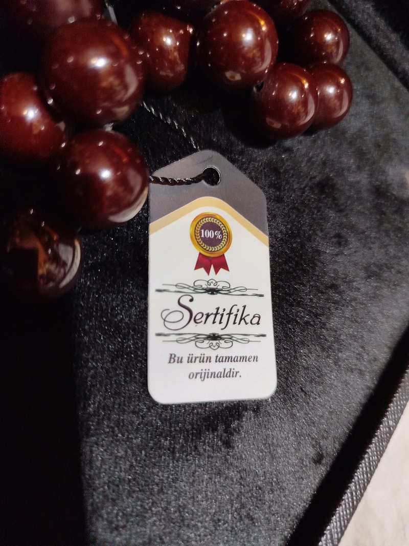 SIKMA AMBER KAHRİBAR TEHBİH  USTA İŞİ SERTİFİKALI KOYU BAL RENKDE İRİ HABBE BONCUK KESİM 13 MM