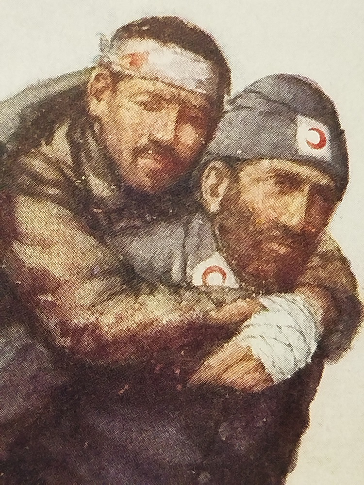 OSMANLI HİLALİAHMER KIZILAY KARTPOSTAL CEPHEDE YARALI ASKERİ SIRTINDA TASIYAN ASKER