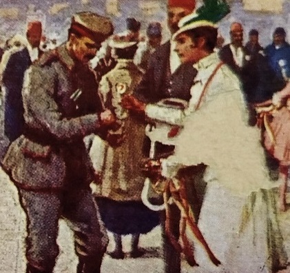 OSMANLI HİLALİAHMER KIZILAY KARTPOSTAL GALATA KOPRUSU UZERİNDE GONULLULERİN YARDIM KARSILINDA ROZET TAKDIKLARI