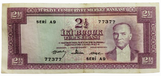 TURKİYE CUMHURİYETİ  5. EMİSYON 4. TERTİP  İKİ BUÇUK TÜRK LİRASI 2,5 TL SERİ: A9 SERİ NO NUMARASI: 77377 İNGİLTERE BASIMI