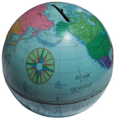 1960 PAMUKBANK BUYUK OKYANUS TENEKE DUNYA HARİTASININ BULUNDUGU KURE KUMBARA