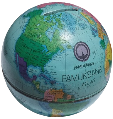 1960 PAMUKBANK BUYUK OKYANUS TENEKE DUNYA HARİTASININ BULUNDUGU KURE KUMBARA