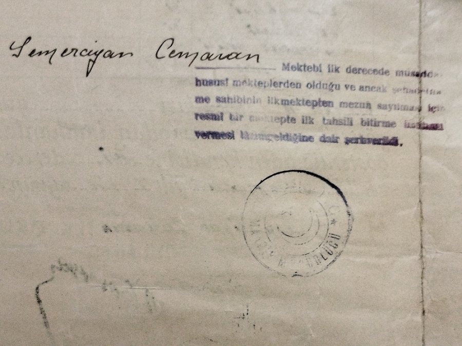 1941 1942 YILI TURKİYEDE AZINLIK OKULLARINA MAHSUS SEMERCİYAN İLK OKUL DİPLOMASI