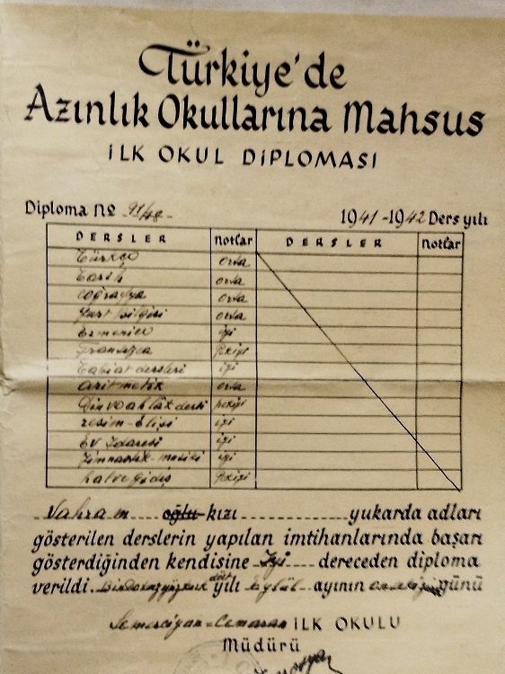 1941 1942 YILI TURKİYEDE AZINLIK OKULLARINA MAHSUS SEMERCİYAN İLK OKUL DİPLOMASI
