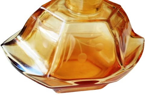 BOHEM (BOHEMIA) CAMINDAN YAPILMIŞ EL YAPIMI CAM KAPAKLI UZERİ CİLEK MOTİFLİ PARFÜM ŞİŞE