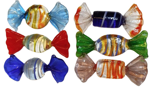  İTALYANIN VENEDİK'E BAĞLI MURANO ADASI'NDA ÜRETİLEN  EL YAPIM RENKLİ SEKERLER 6 ADET KARISIK RENKDE 