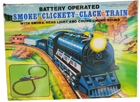 1990 SMOKE CLICKETY CLACK TRAIN OYUNCAK PİLLİ TREN  RAYLAR LOKOMATİF VE YUK VAGONLARI KUTUSUNDA