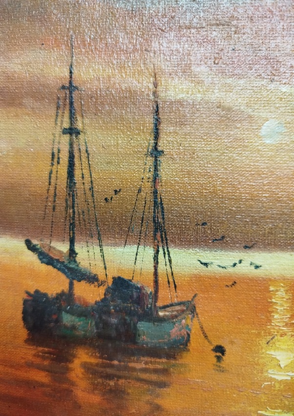 2009 KADİR EKİM SANATCI İMZALI YAGLI BOYA BOGAZDA GUN BATIMI BALIKCILAR SANDALLAR 