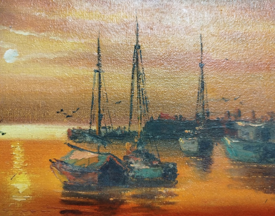 2009 KADİR EKİM SANATCI İMZALI YAGLI BOYA BOGAZDA GUN BATIMI BALIKCILAR SANDALLAR 