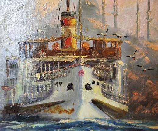 2009 KADİR EKİM SANATCI İMZALI YAGLI BOYA BOGAZDA YOLCU VAPURU TUAL YAGLI BOYA 